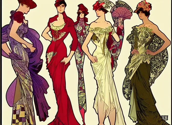 Image similar to 4 elegant full length daredevil comic dress designs with natural history prints designed by alphonso mucha