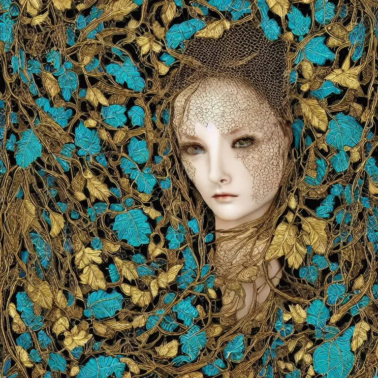 Image similar to dark scene, ultra detailed, of a porcelain woman's face made of big leaves and large Dragonflies, stems, roots, fine foliage lace, turquoise gold details, high fashion haute couture, art nouveau fashion embroidered, intricate details, mesh wire, mandelbrot fractal, anatomical, facial muscles, cable wires, elegant, hyper realistic, dark flower pattern wallpaper, ultra detailed