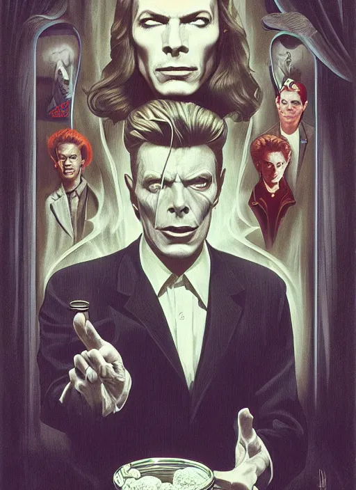 Prompt: twin peaks poster art, david bowie floating through the twilight zone, old retro pulp, by michael whelan, rossetti bouguereau, artgerm, nostalgic, old fashioned