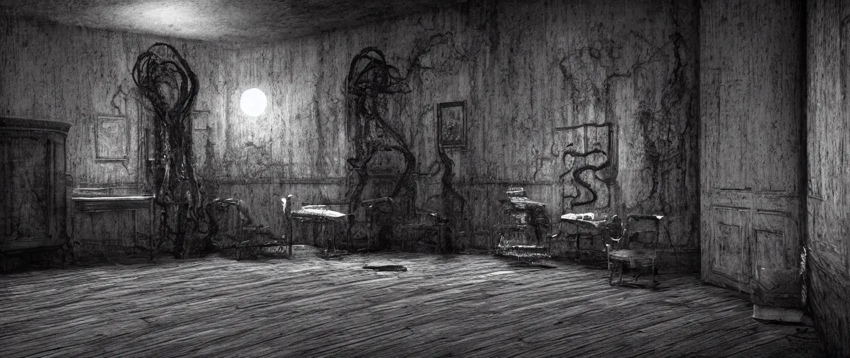 Image similar to a dark old room, silent hill tentacle creatures from the darkest realm of the soul, old wood floors, small windows with moonlight, surrealcore, hellcore, slithercore, 4 k by oleg vdovenko, pascal blanche