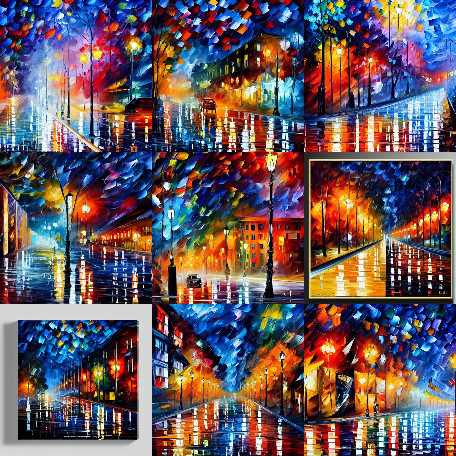 Prompt: midnight intersection, empty norwegian street by zaha hadid, intricate, highly detailed, 8 k. palette knife oil painting on canvas by leonid afremov.