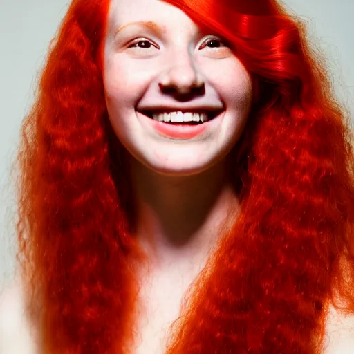 Image similar to artistic photo of a young beautiful woman with red hair looking at the camera, smiling slightly, studio lighting, award winning photo by Annie Liebowitz