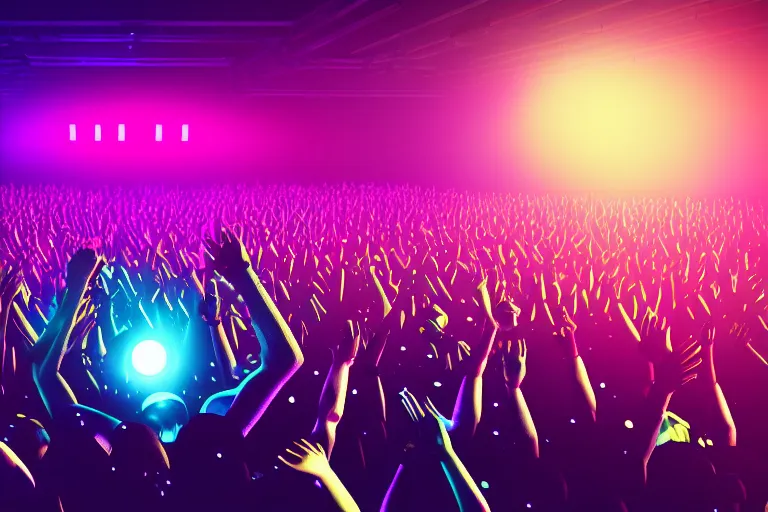 Image similar to crowd partying with their hands up at a festival, silhouette, moving heads light beams, light show, digital art, vivid colors, trending on artstation, 4k, unreal engine, intricate, ornate
