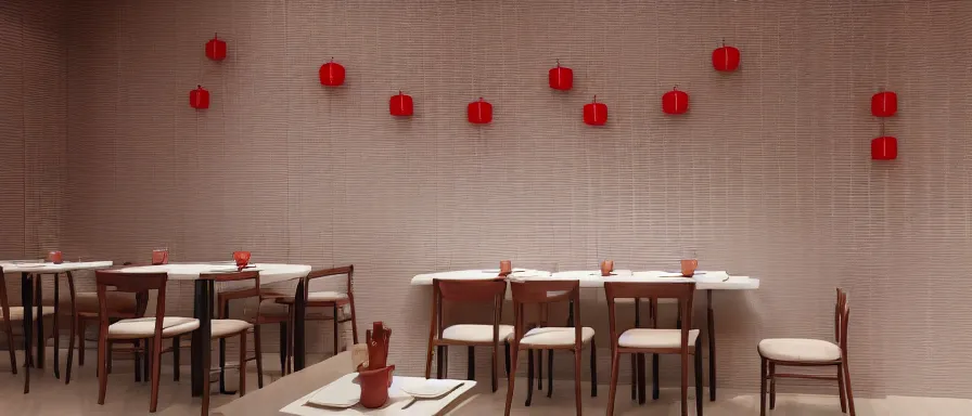 Image similar to a beautiful simple interior render of small roasted string hotpot restaurant restaurant yan'an, wall corner, from china, red paper wall and white tile floor, rectangle white porcelain table, fine simple delicate structure, chinese style, simple composition, simple style structure decoration design, victo ngai, 4 k hd