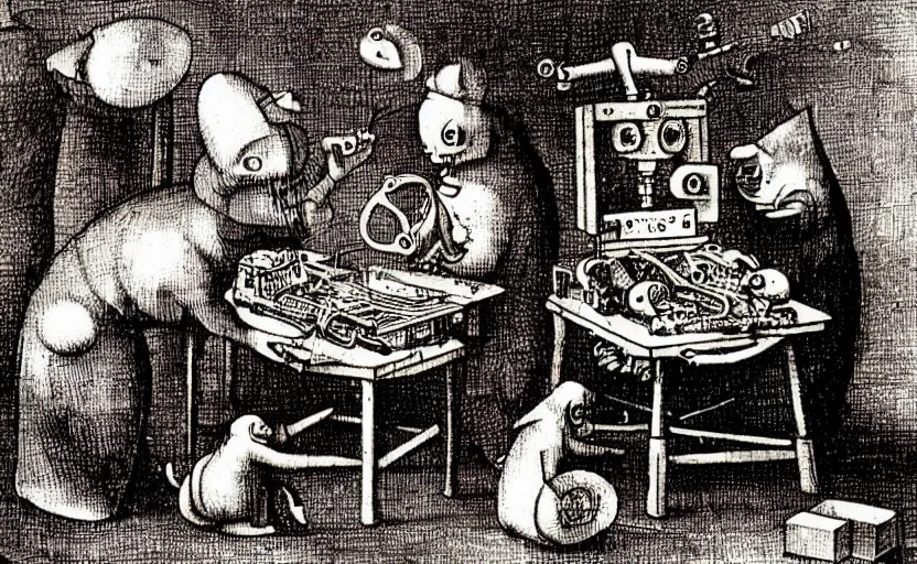 Prompt: an occult machine making copies of a funny little creature by hieronymus bosch