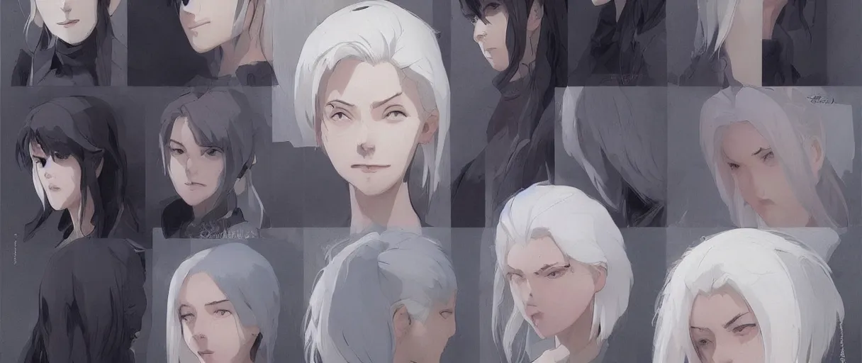 Image similar to character face study, multiple angles, directions and moods. faces only, girl with white hair, concept art finely detailed perfect art, painted by greg rutkowski makoto shinkai takashi takeuchi studio ghibli, pinterest, cevagraf comics