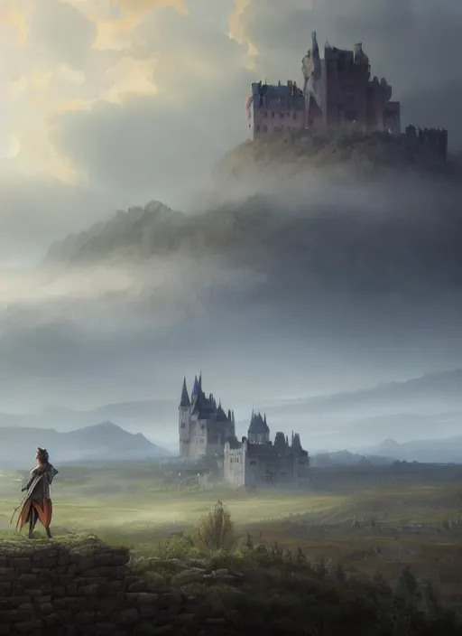 Image similar to a large plain with a castle ( large towers ) in the distance and a knight in the foreground, in the background mountains, mist, wind and many clouds, hyper realistic, dramatic, photorealistic, very detailed, artstation, volumetric lighting, exquisite detail, octane rendering, 8 k post - processing, by peter mohrbacher