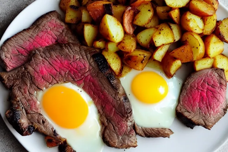 Image similar to a delicious looking plate of steak and eggs, with perfectly seasoned potatoes and breakfast hash browns