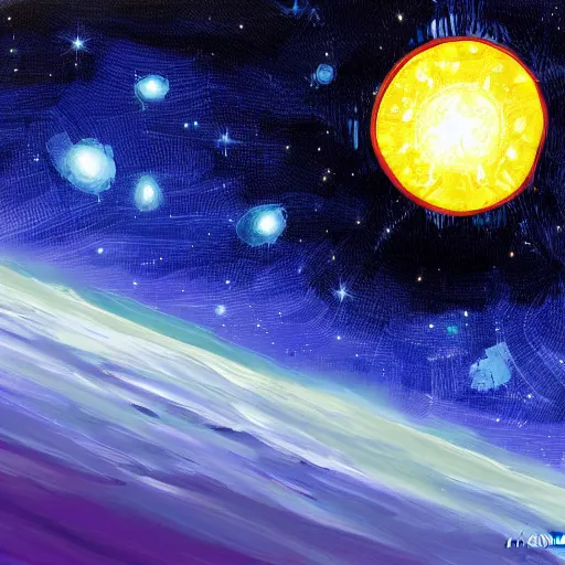 Image similar to sun shield floating in space, painting, digital art