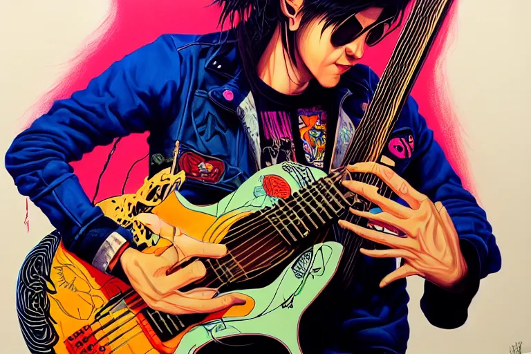 Prompt: 1 9 8 0 s punk rocker playing acoustic guitar, tristan eaton, victo ngai, artgerm, rhads, ross draws, intricated details, 3 / 4 view, full body portrait