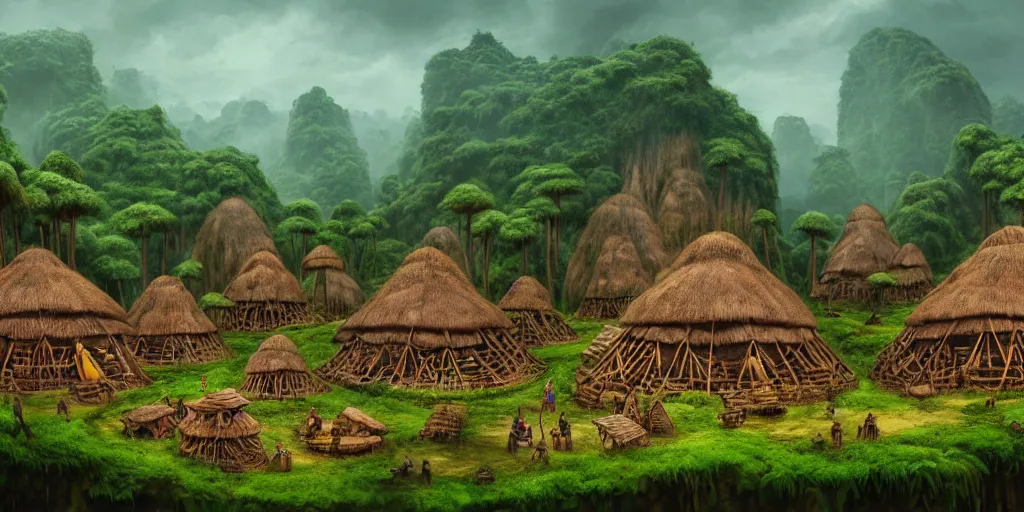 Image similar to a jungle village of alino gorillas and their mushroom huts, matte oil painting, retrofuturistic, science fantasy, salt, rust, mutant, lgbt, queer, rpg, epic, dungeons & dragons, sacred, sharp focus, award - winning, extremely detailed, 4 k, 8 k