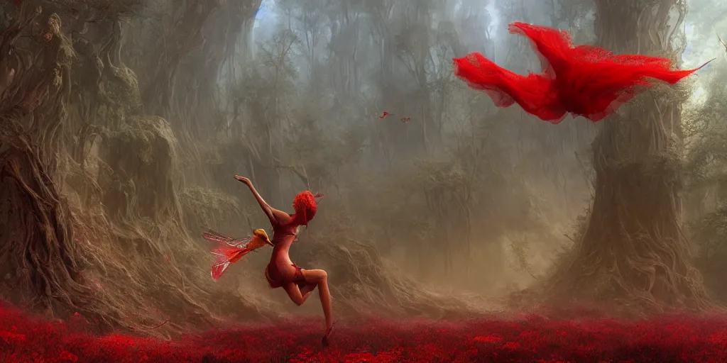 Prompt: a flying red fairy walking in a extra terrestrial forest landscape under a bright blue sky, hyper detailed, digital art, trending in artstation, cinematic lighting, studio quality, smooth render, unreal engine 5 rendered, octane rendered, art style by Zdzisław Beksiński and Giger and Brian Froud and Moebius