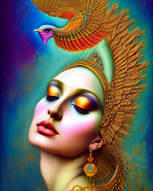 Image similar to portrait of the beautiful young goddess of birds, unusual beauty, etheric, outworldly colours, emotionally evoking symbolic metaphors, head in focus, fantasy, ornamental, intricate, elegant, highly detailed painting style photo, artstation, concept art, painterly, golden ratio, sharp focus, illustration, art by afarin sajedi,