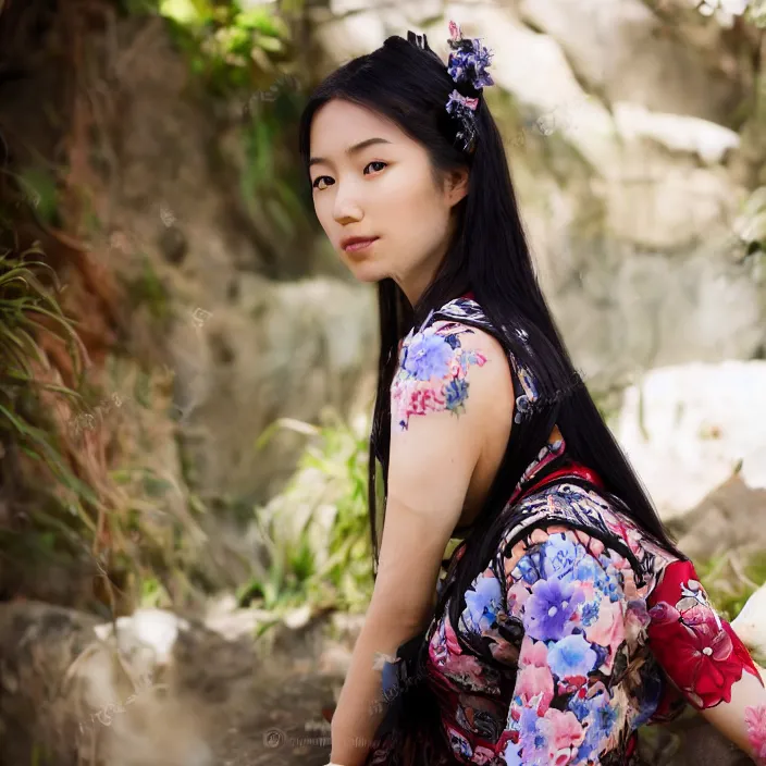 Image similar to portrait photograph of an extremely beautiful!!!! young Asian female , symmetric face!, symmetric round detailed eyes!!, slight smile, natural light, wearing a flower kimono!! with a very detailed fox!! behind her shoulder in front of a hot spring. looking at the camera!!. super resolution. Extremely detailed. Graflex camera!, bokeh!!!!! trending on artstation.