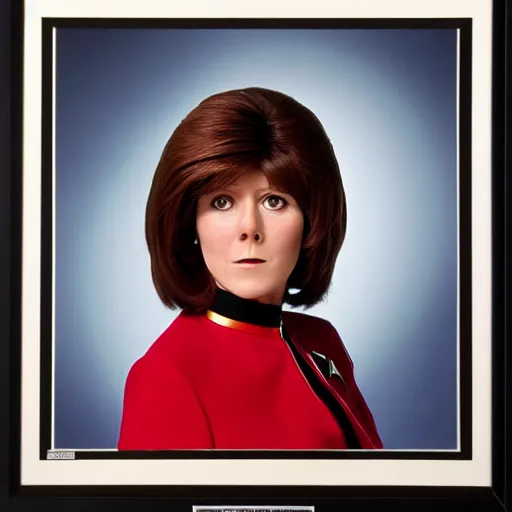 Prompt: a full body photograph of 1 9 7 0 s doctor who elisabeth sladen as a star fleet science officer from star trek next generation, full dress uniform, symmetrical face, extreme realism and detail, 8 k, completely framed, direct lighting, 3 5 mm photo, photorealistic, sharp focus