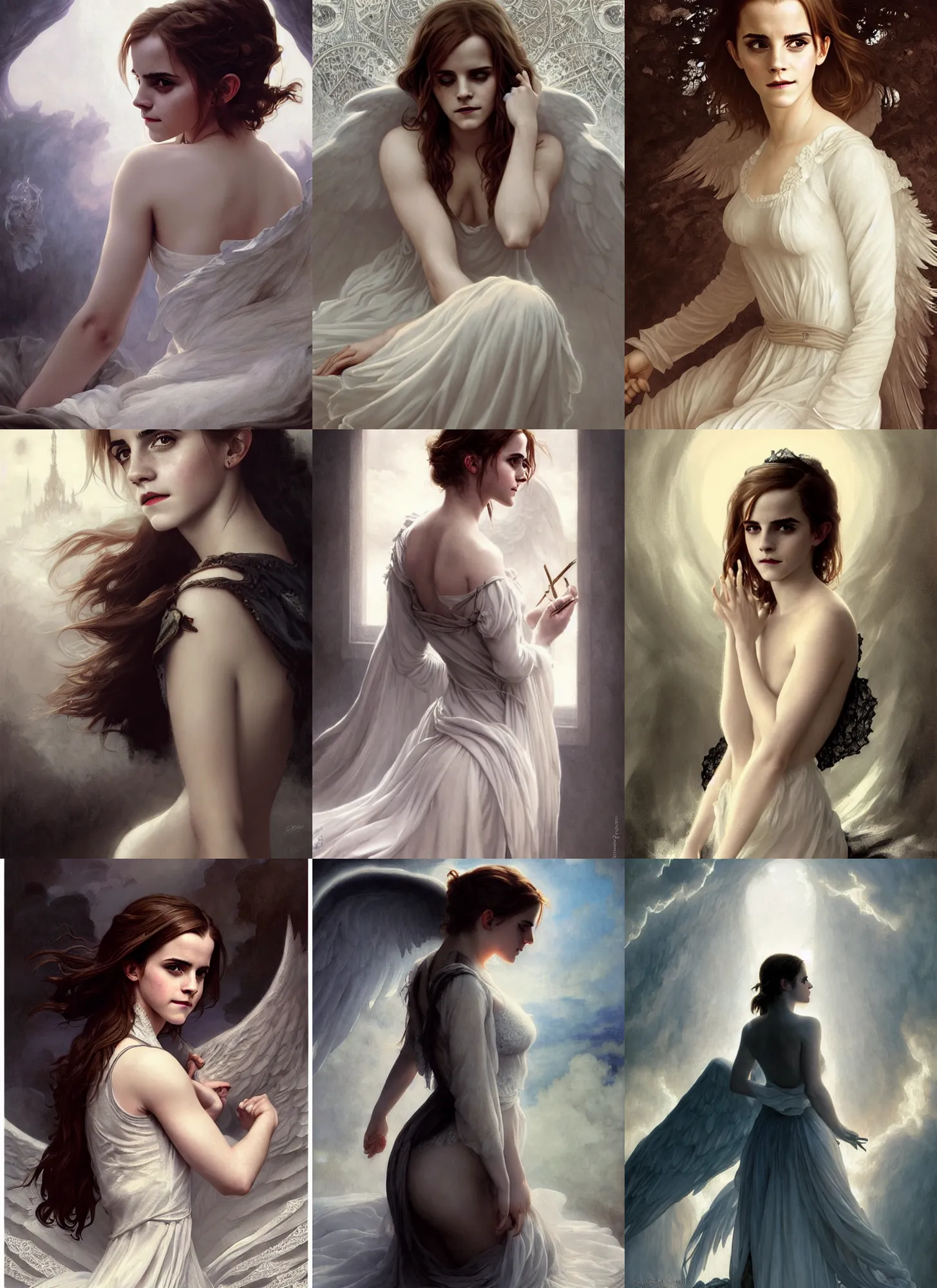 Prompt: emma watson as an dark angel, sleeping bedroom, white lace, highly detailed, digital painting, matte, sharp focus, art by artgerm, greg rutkowski, alphonse mucha, frank frzetta, boris vallejo, bouguereau, beksinski, cinematic