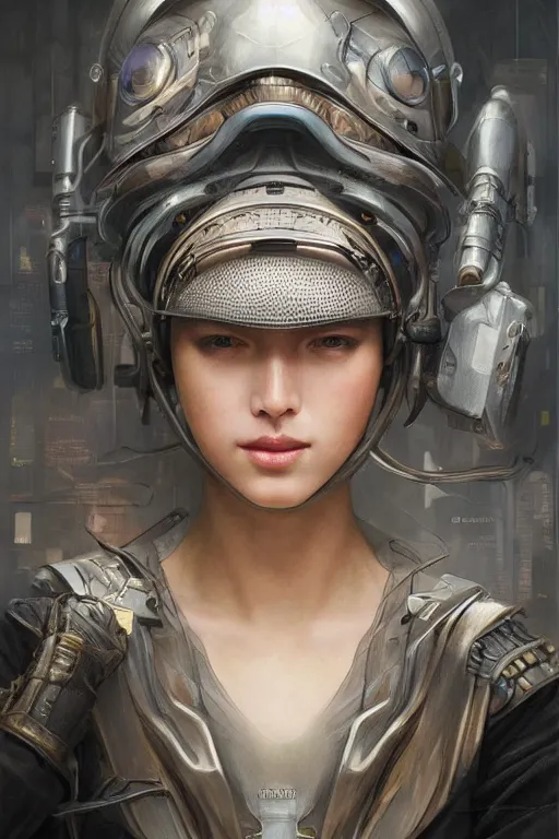 Prompt: Portrait of beautiful Ultra realistic illustration, a female Wearing a helmet on the head covering the entire face, cyberpunk, sci-fi, fantasy, intricate, elegant, highly detailed, digital painting, artstation, concept art, smooth, sharp focus, illustration, art by Yintion J , Jiang Geping and artgerm and greg rutkowski and alphonse mucha.