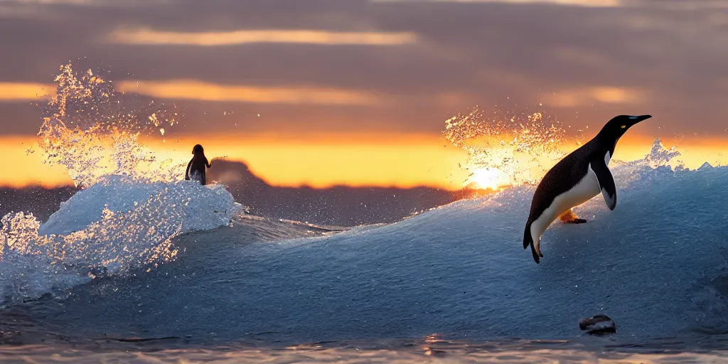 Prompt: penguin surfing a wave at the sunrise