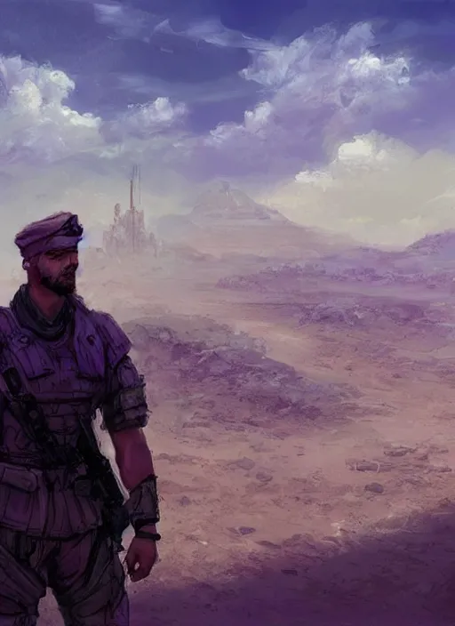 Image similar to purple scene lighting, detailed character portrait!!! concept art, strong muscular white male, soldier with beard, short hair, in a soldier uniform, desert with city in the background, sharp focus, illustration, highly detailed, digital painting, concept art, matte, art by wlop and artgerm and greg rutkowski, masterpiece