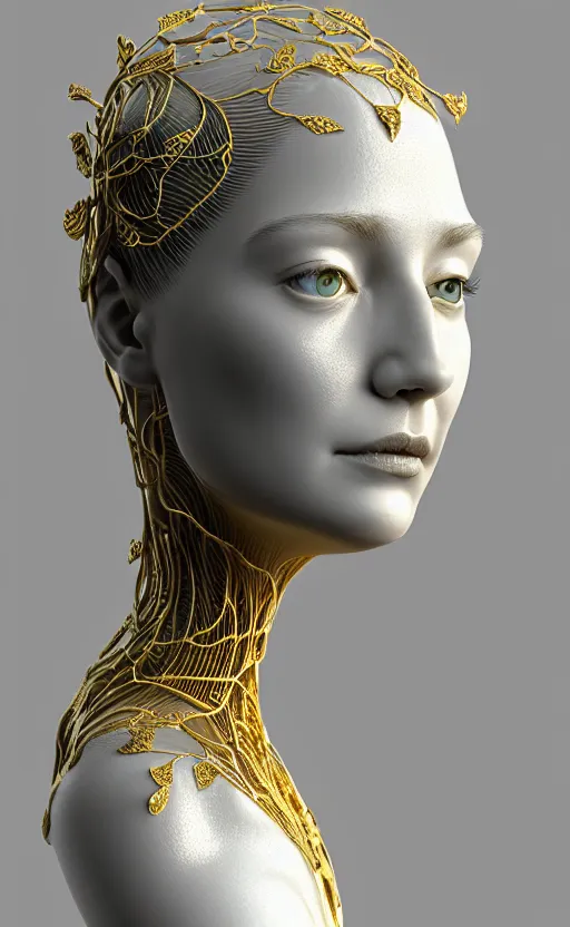 Prompt: complex 3d render of a beautiful porcelain profile woman face, hazel eyes, ultra detailed, vegetal dragon cyborg, 150 mm, beautiful natural soft light, rim light, silver gold lemon metallic details, magnolia big leaves and stems, roots, fine lace, maze like, mandelbot fractal, anatomical, facial muscles, cable wires, microchip, elegant, white metallic armour, octane render, black and white, H.R. Giger style