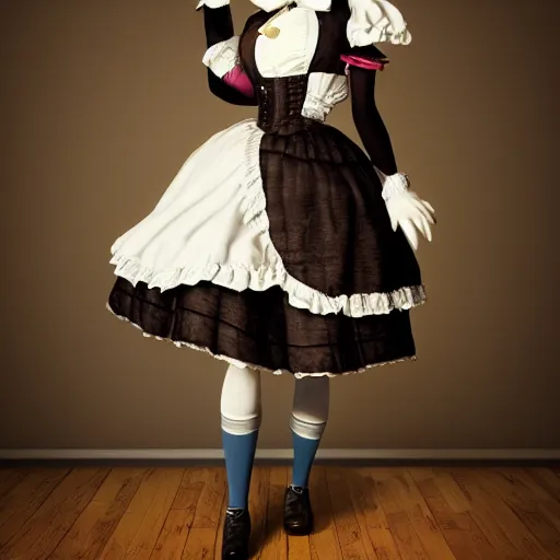 Image similar to andrew tate role - playing victorian maid outfit full body shot high - quality 8 k highly realistic photo realistic octane render blender