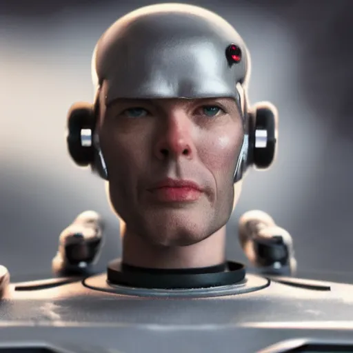 Image similar to cyborg andrew tate miniature, 8k, cinematic perspective, movie shot, studio