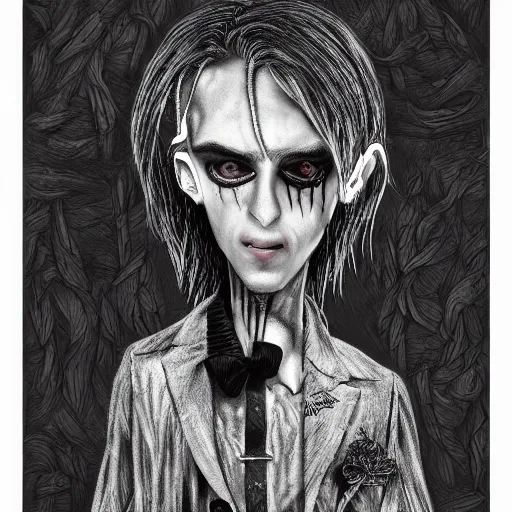 Image similar to michael karcz grunge drawing of lil peep. , in the style of corpse bride, loony toons style, horror themed, detailed, elegant, intricate, trending on artstation, 4k