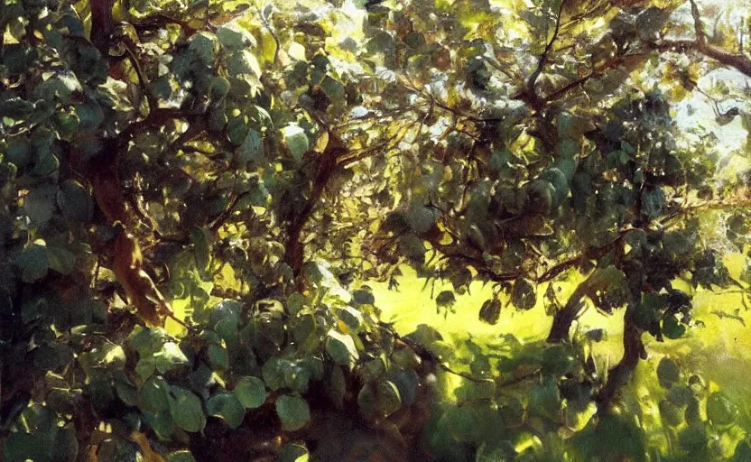 Prompt: oil painting lanscape by anders zorn, nature, fruit trees, very very very very beautiful art, dramatic light, complex robitics closeup, motorized robot
