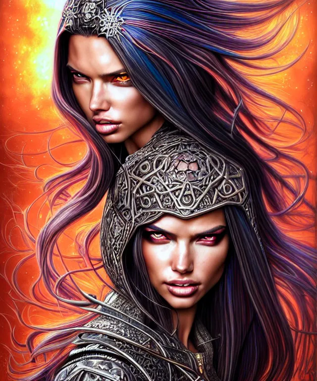 Image similar to Portrait of Adriana Lima , D&D, fantasy, intricate, richly detailed colored pencil 3D illustration of a beautiful with long metallic hair wearing a hoodie and short shorts that is evil and happy. mirrored background with completely rendered reflections, art by Range Murata and Artgerm highly detailed, digital painting, trending on artstation, sharp focus, illustration, style of Stanley Artgerm, perfect smile and tooth