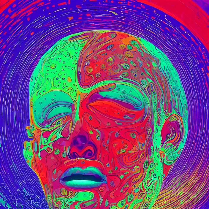 Image similar to illustration of a colorful melting human head. circles, ferrofluids, water distortions. intricate abstract. intricate artwork. beeple