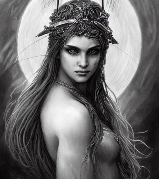 Image similar to beautiful aphrodite goddess wearing an arrow on her head, realistic face, beautiful eyes, black and white drawing, in the style of greg rutkowski, fantasy, amazing detail, epic, intricate, elegant, smooth, sharp focus