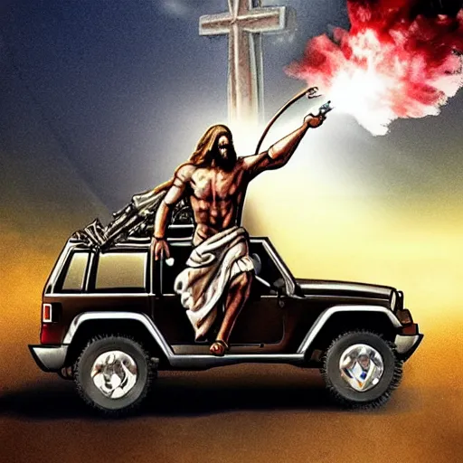 Image similar to jesus with a machine gun riding a jeep, explosions in the background