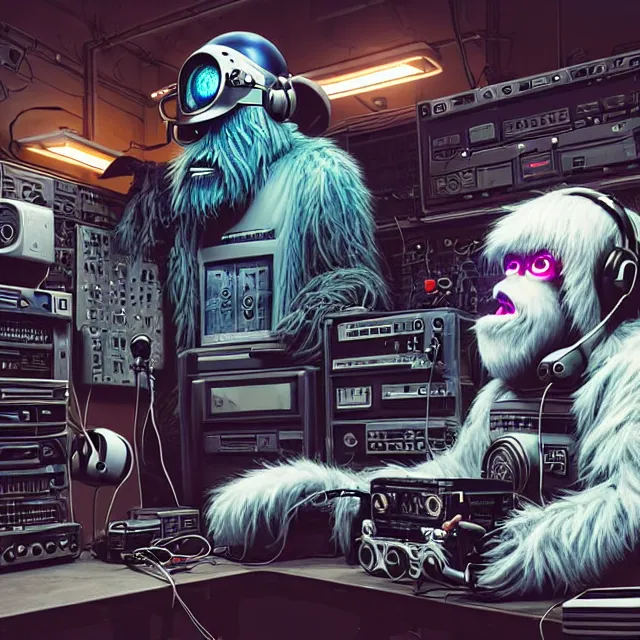 Image similar to a portrait of an anthropomorphic cyberpunk yeti in a motorcycle helmet working in his secret electronics lab, detailed render, tape deck, boombox, headphones, epic composition, cybernetics, 4 k realistic, cryengine, realistic shaded lighting, sharp focus, masterpiece, by matteo scalera, gary montalbano, peter elson in the style of the tokyo ghost comic