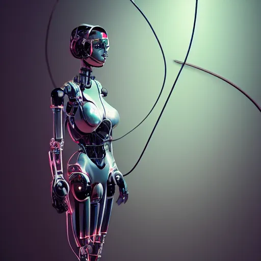 Image similar to a beautiful woman wearing robot suit with wires and light, highly detailed, photorealistic, artstation, smooth