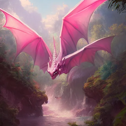 Prompt: concept art, matte painting of a magical pink dragon with fantasy light blue eyes, detailed portrait, high quality, 8 k hd, greg rutkowski, rossdraws, thomas kinkade, trending on artstation, deviantart, pixiv