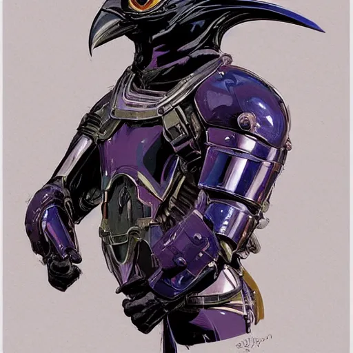 Image similar to self portrait of a humanoid raven with a helmet in the shape of a beak. purple and black body armor, digital art, realistic, ultradetailed, concept art in the style of Science Fiction. art by Syd Mead and Moebius, trending on artstation, devianart, cgsociety