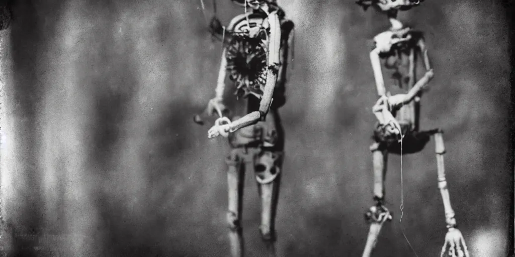 Prompt: female, eerie, creepy marionette puppet, horrific, unnerving, clockwork horror, pediophobia, lost photograph, dark, forgotten, final photo found before disaster, polaroid,