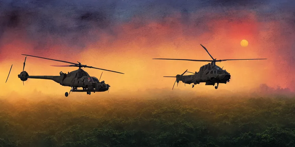 Prompt: Painting of vietnam Huey Helicopters, above a forest, orange sun set, abstract, realism, 8k, detailed, octane render, glow