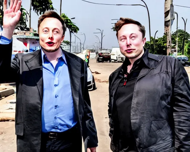 Prompt: elon musk and bill gates drunk in the streets of kinshasa