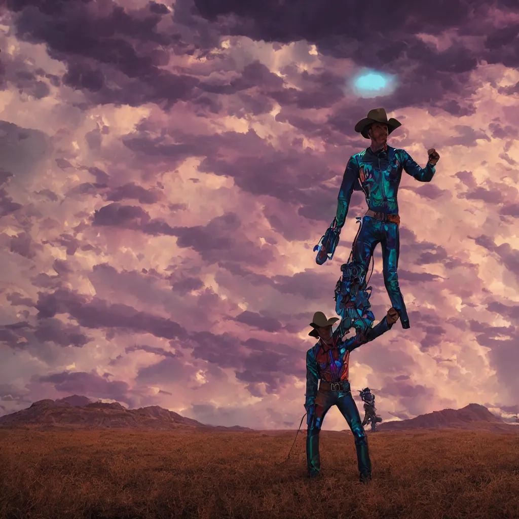 Prompt: octane render by laurie greasley and asher brown durand and jason edmiston, a cowboy wearing a full - body iridescent suit and cowboy hat inside a scenic western landscape with colorful clouds, cinema 4 d, 8 k, volumetric lighting and shadows