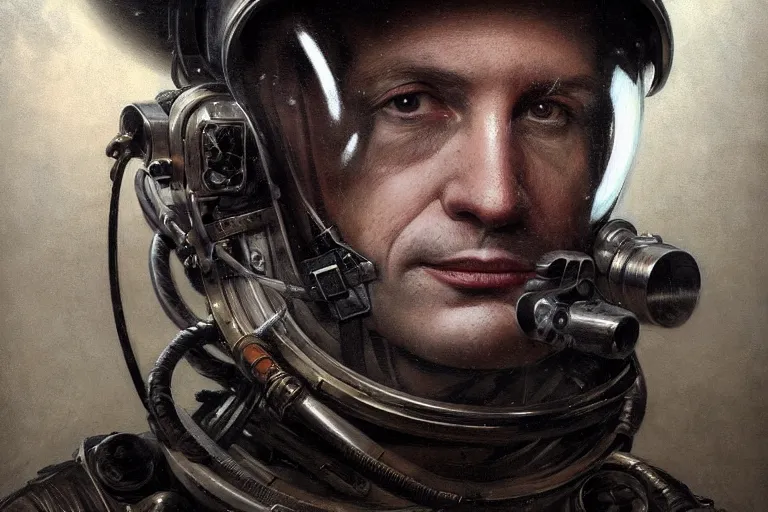 Image similar to portrait shot of ww 1 astronaut, horror, grim - lighting, high - contrast, intricate, elegant, highly detailed, centered, digital painting, artstation, concept art, smooth, sharp focus, illustration, artgerm, tomasz alen kopera, peter mohrbacher, donato giancola, joseph christian leyendecker, wlop, boris vallejo