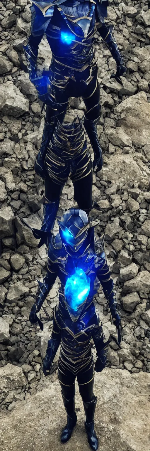 Image similar to High Fantasy Kamen Rider standing in a rock quarry, 4k, glowing eyes, daytime, rubber suit, dark blue segmented armor, dragon inspired armor, centered