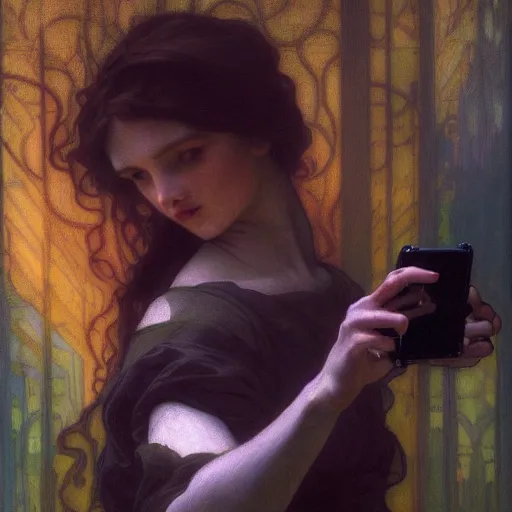 Image similar to dramatic cinematic scene of Death taking a selfie, modern, mucha, colorful, Inspired by William Adolphe Bouguereau, and Donato Giancola, mucha, purple, black, highly rendered, beautiful, cyberpunk, moody lighting, glowing light and shadow, atmospheric, studio lighting, 8K