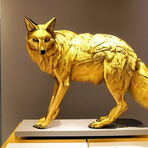 Prompt: a golden coyote, displayed in a museum