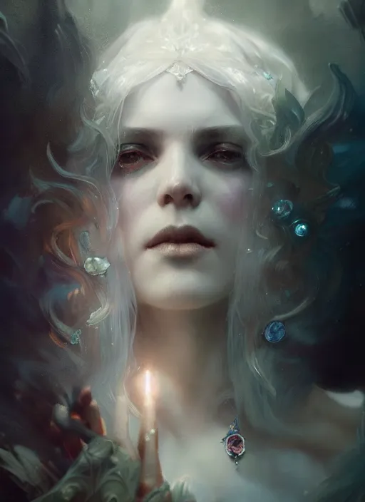 Prompt: a white haired princess, adorned with precious stone jewelry, intricate concept art, ominous, sinister dark fantasy, misty, dramatic lighting, octane render, 8 k, ruan jia and jeremy mann and tom bagshaw and alphonse mucha