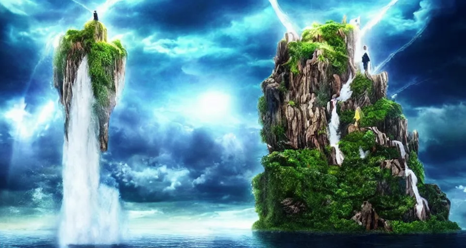 Image similar to A magnificent floating island in the sky above the sea, defying gravity, waterfall falling down, epic lighting, epic composition, cinematic, highly detailed