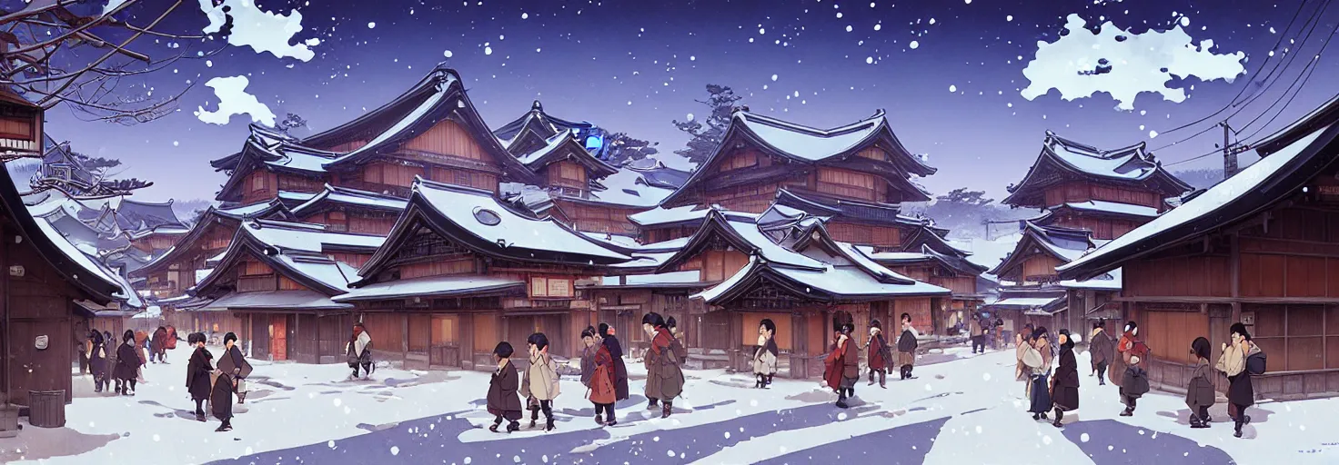 Image similar to japanese rural town, winter, in the style of studio ghibli, j. c. leyendecker, greg rutkowski, artem