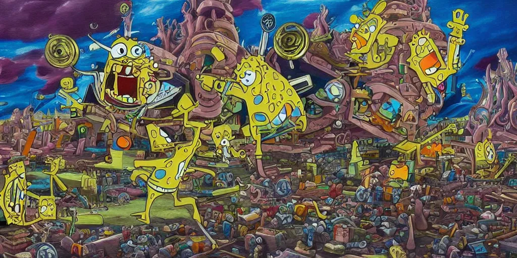 Image similar to a high detailed painting of a monster hybrid fusion of spongebob and patrick, having a fit of rage and destroying a futuristic city, surrealism, magical realism bizarre art