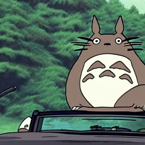 Prompt: totoro driving in a car to tokyo