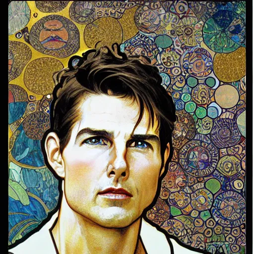 Image similar to detailed art of Tom Cruise, by Alphonse Mucha and Gustav Klimt